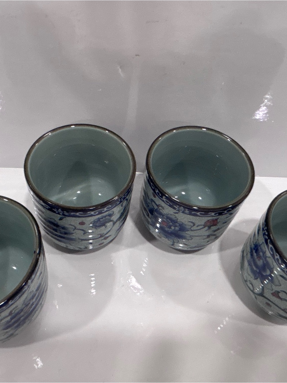 Vintage 4 Japanese porcelain yunomi tea cups blue peonies floral tea bowls - Picture 2 of 9